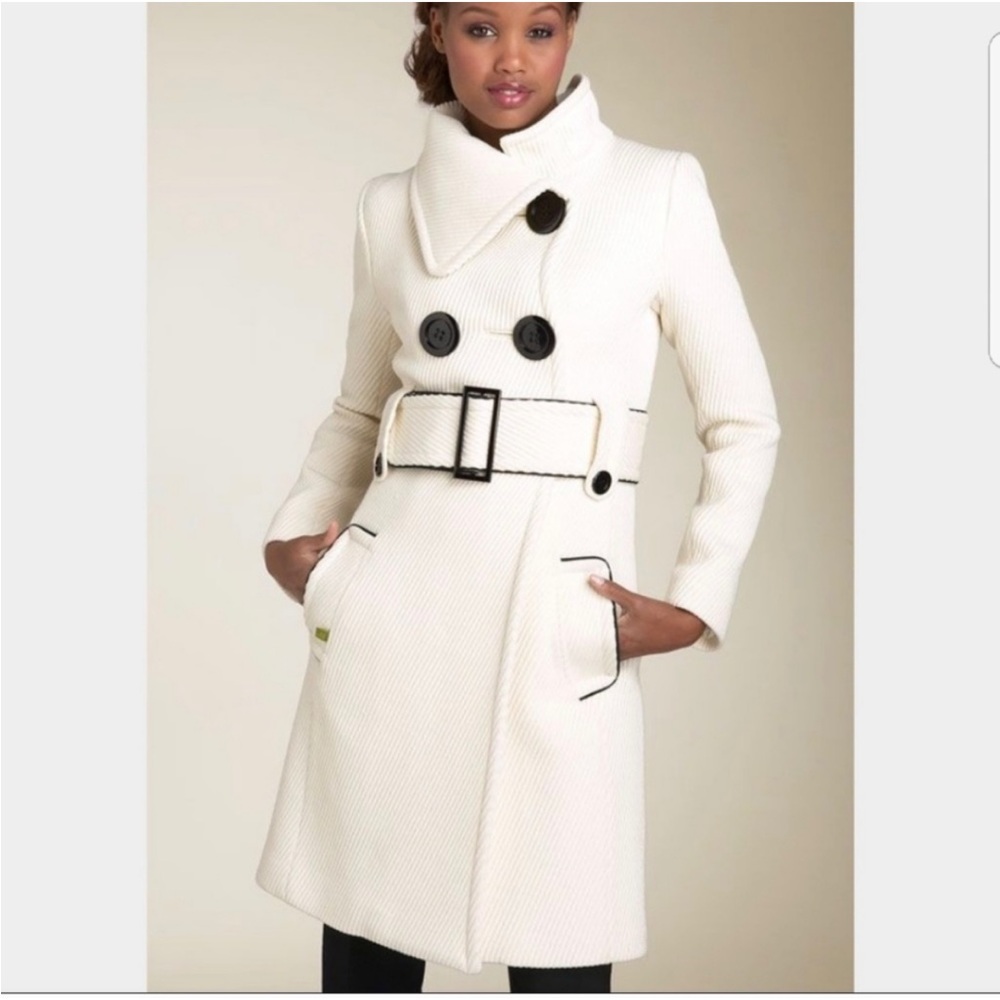 SOIA & KYO‎ Cream & Black Gemma Long Wool Coat M